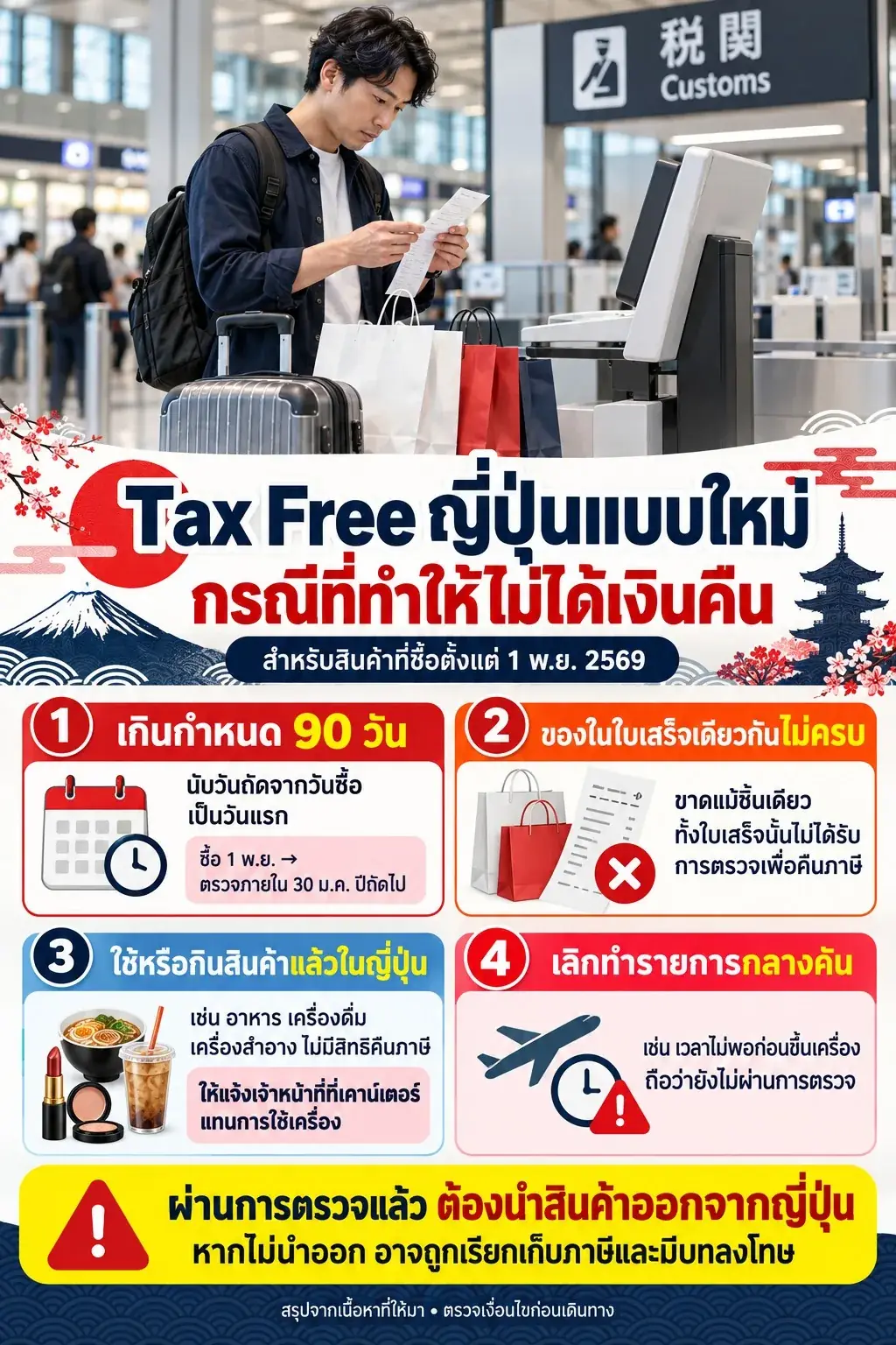 ภาพนักท่องเที่ยวตรวจใบเสร็จที่สนามบิน พร้อมสรุปเหตุที่ไม่ได้คืนภาษี ได้แก่ เกิน 90 วัน สินค้าไม่ครบ ใช้สินค้าแล้วในญี่ปุ่น หรือทำรายการไม่เสร็จ