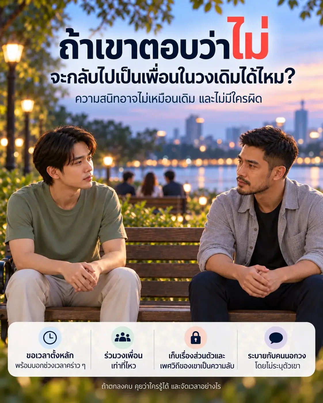 ภาพผู้ชายสองคนนั่งเว้นระยะบนม้านั่งริมแม่น้ำ แนะนำให้ขอเวลาตั้งหลัก รักษาความเป็นส่วนตัว และยอมรับว่าความสนิทอาจไม่เหมือนเดิม
