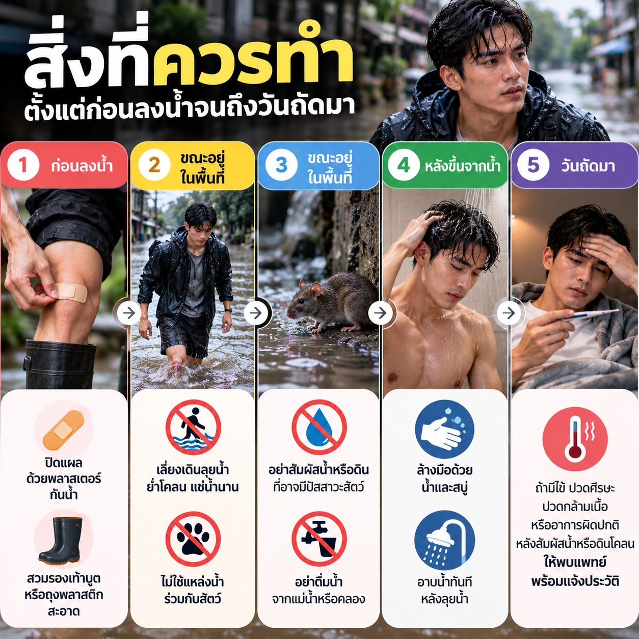 ภาพแสดง 5 ขั้นตอนป้องกันโรคไข้ฉี่หนู ได้แก่ ปิดแผลและสวมรองเท้าบูตก่อนลงน้ำ หลีกเลี่ยงการแช่น้ำและย่ำโคลน ไม่สัมผัสน้ำหรือดินที่อาจปนเปื้อนปัสสาวะสัตว์ ล้างมือและอาบน้ำทันทีหลังขึ้นจากน้ำ และหากมีไข้หรืออาการผิดปกติให้รีบพบแพทย์พร้อมแจ้งประวัติการลุยน้ำ