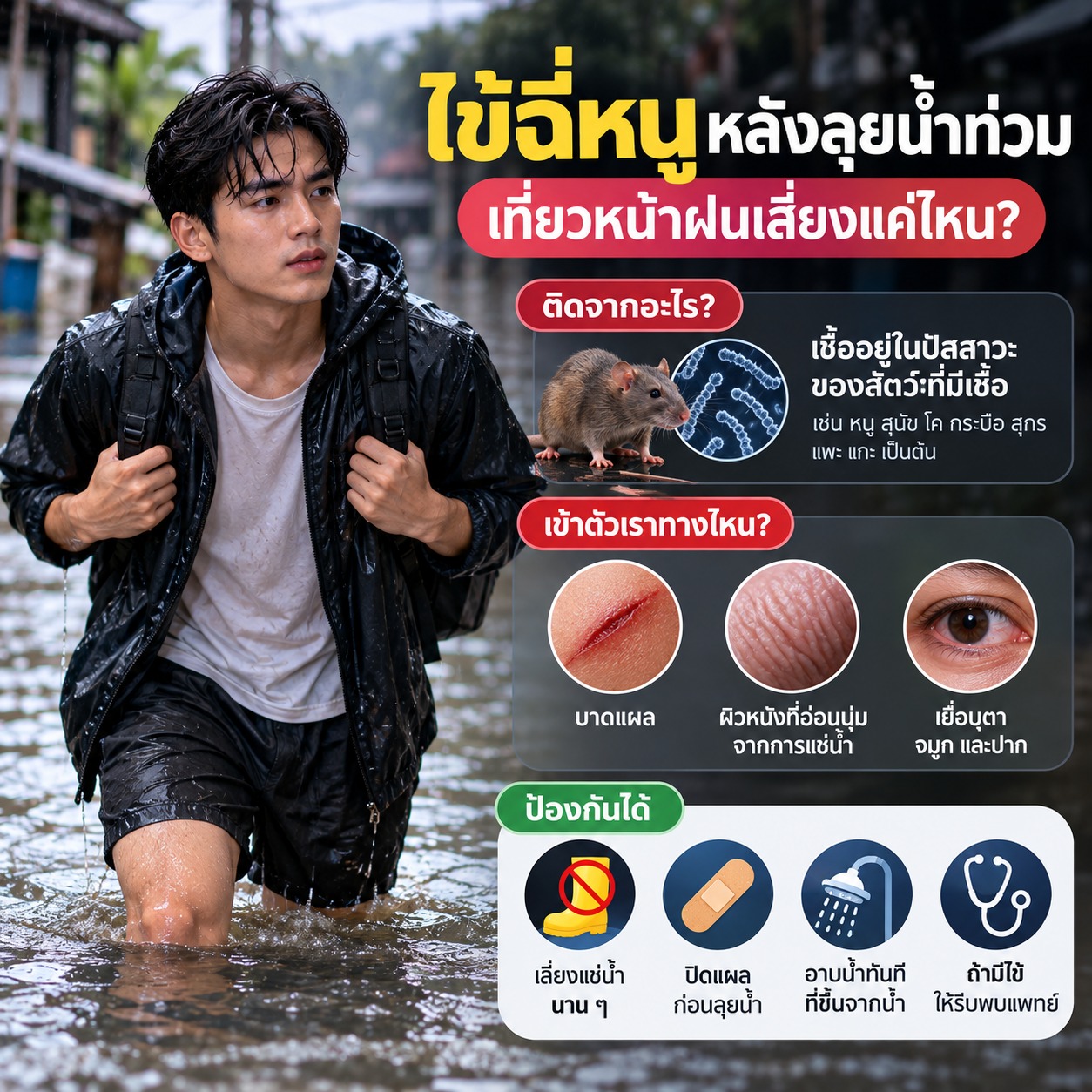 ภาพชายหนุ่มสวมเสื้อกันฝนเดินลุยน้ำท่วม พร้อมอินโฟกราฟิกอธิบายความเสี่ยงของโรคไข้ฉี่หนูจากน้ำที่ปนเปื้อนปัสสาวะสัตว์ โดยเชื้อสามารถเข้าสู่ร่างกายผ่านบาดแผล ผิวหนังที่อ่อนนุ่มจากการแช่น้ำ และเยื่อบุตา จมูก หรือปาก